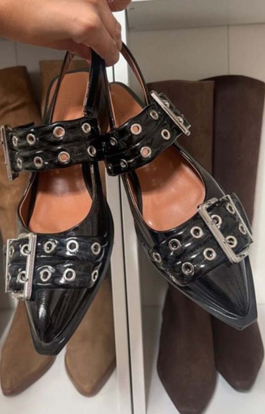 Patent Leather Buckle Slingback Flats Size 8 Black Pointed Toe